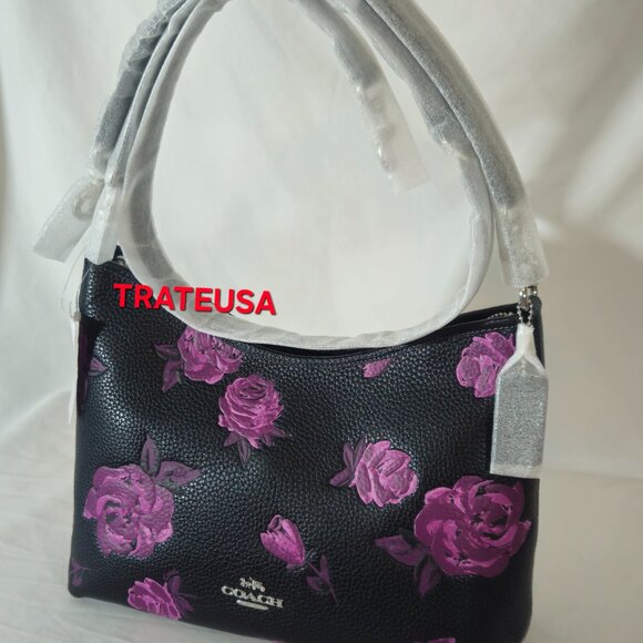 Laurel Shoulder Bag With Floral Print  CCE26 Black Purple Authentic - Picture 2 of 16